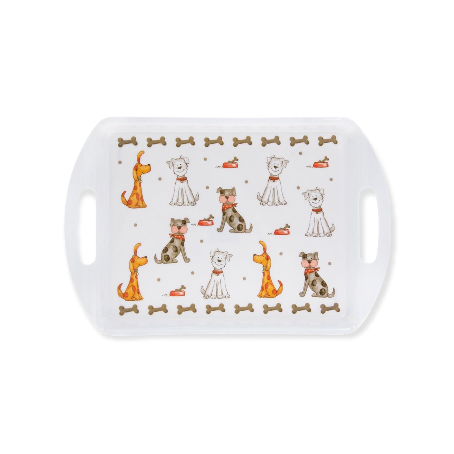 Honden dienblad van melamine met beige en grijze hondenprint – 35x23,5 cm