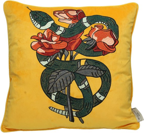 prachtig okergeel velvet kussen met een slangenpatroon