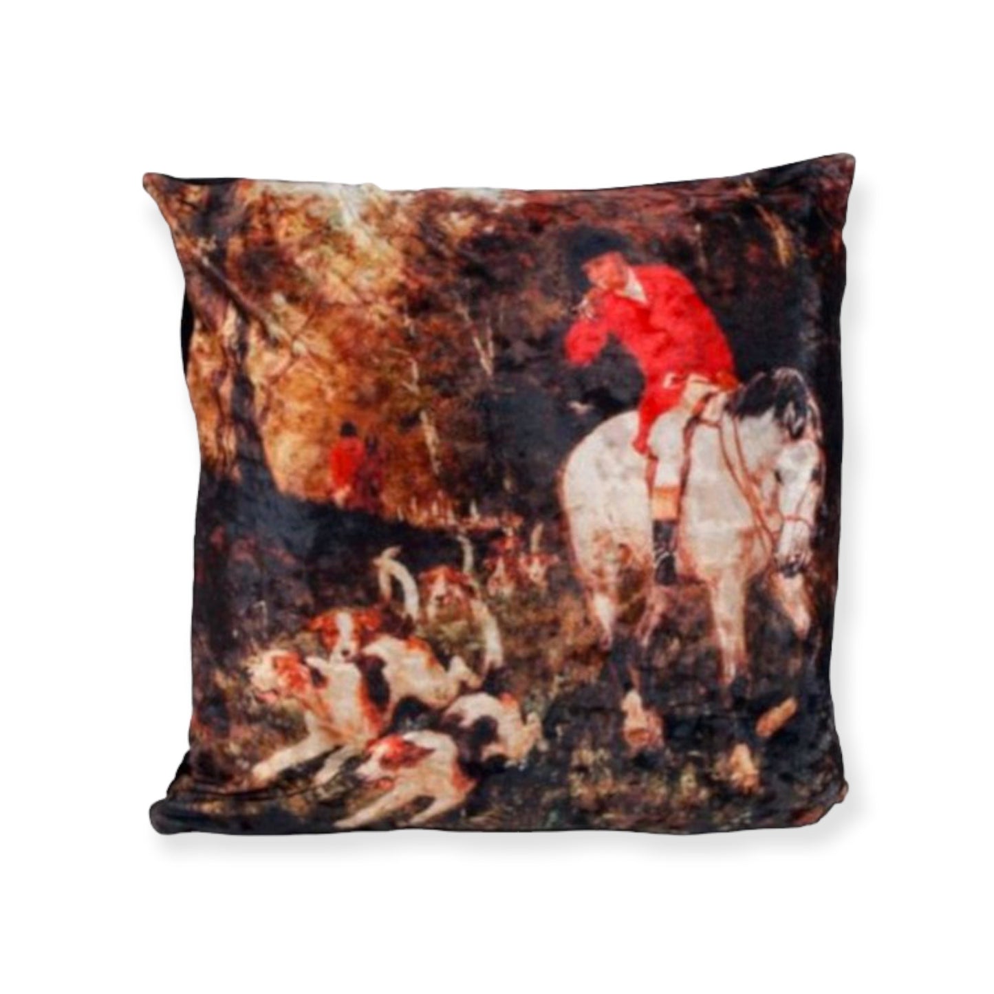 Decoratief sierkussen van Gifts Amsterdam met een klassiek jachttafereel, inclusief ruiter te paard en jachthonden zoals Cockerspaniëls en Golden Retrievers.