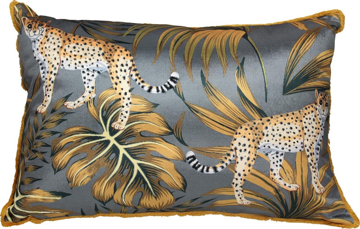 Grijs fluwelen kussen met luipaardprint – 60x40 cm luxe sierkussen
