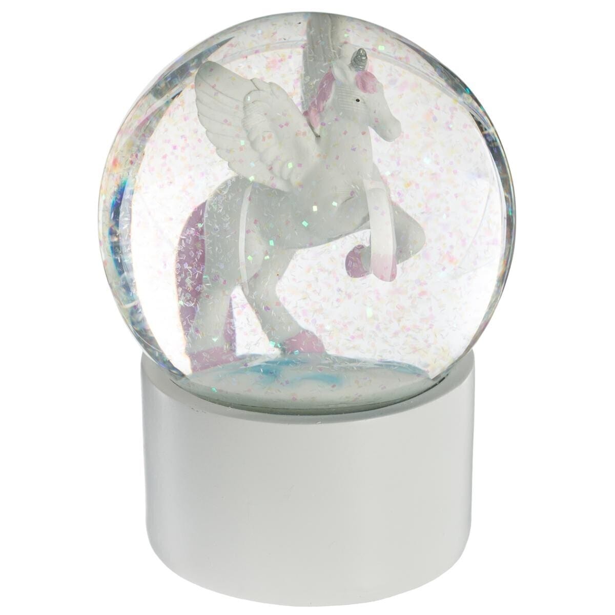 Sneeuwbol met witte eenhoorn en roze accenten – magische decoratie voor kinderkamer of cadeau-idee