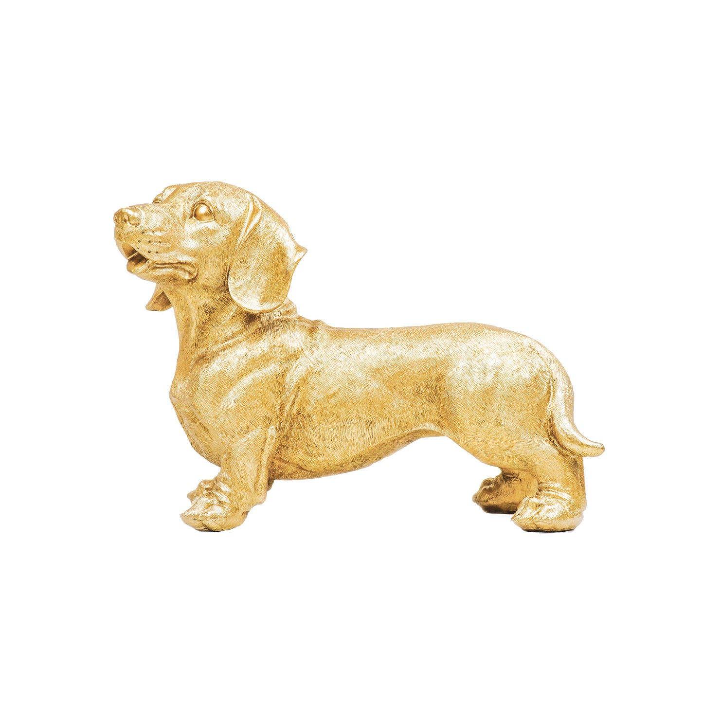 Golden Dachshund Statue – 31 × 14 × 23 cm – Playful & Luxurious
