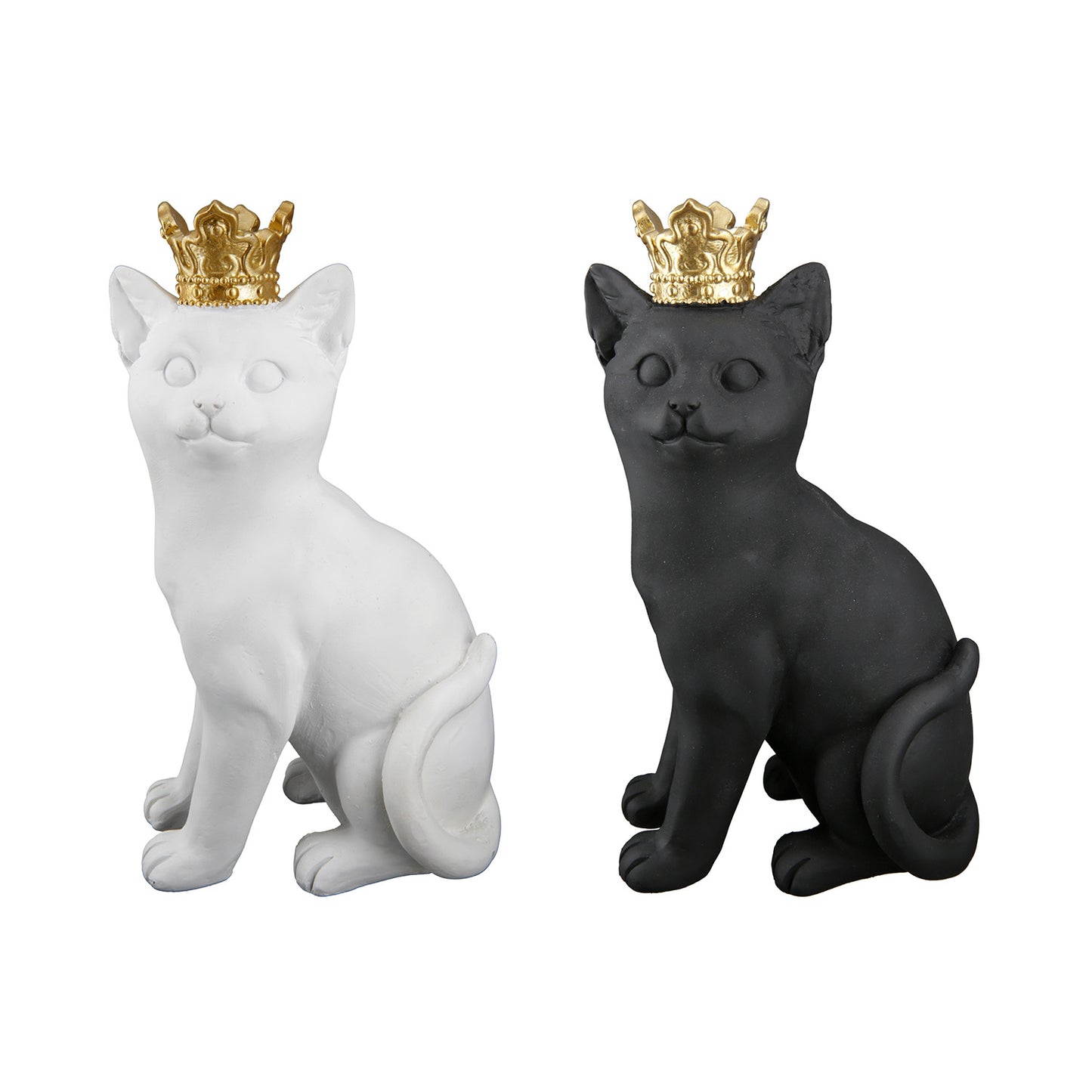Kattenbeeld in zwart of wit met gouden kroontje, decoratief polyresin woonaccessoire