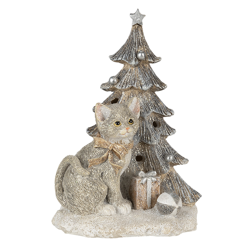 Kerstbeeld Clayre & Eef – kat met kerstboom en cadeautjes in grijs en goud, 16 cm
