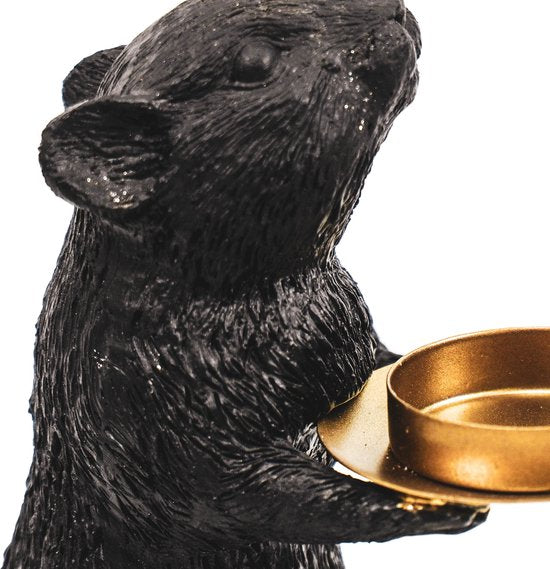 Muis Kandelaar Zwart & Goud – Luxe Dierensculptuur