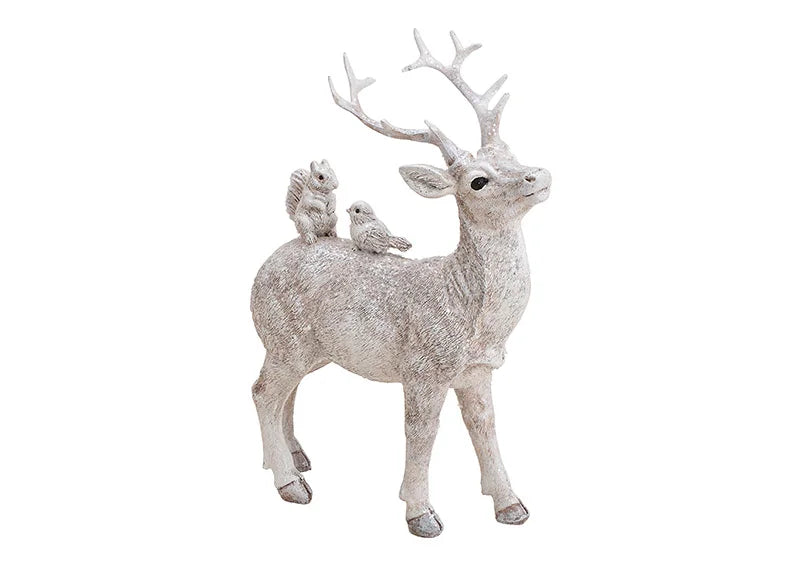 Zilveren rendierbeeld met glitters, eekhoorn en vogeltje – polyresin 22 cm