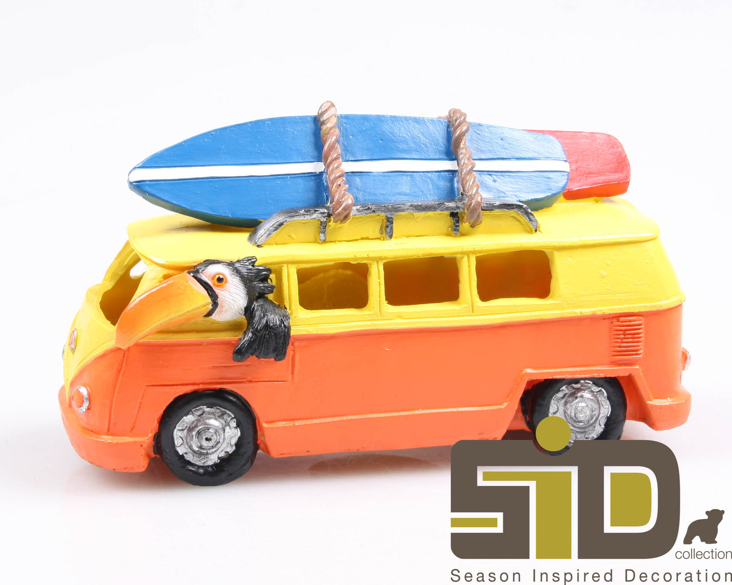 Toekan beeldje in kleurrijke bus – zomerse woondecoratie SID
