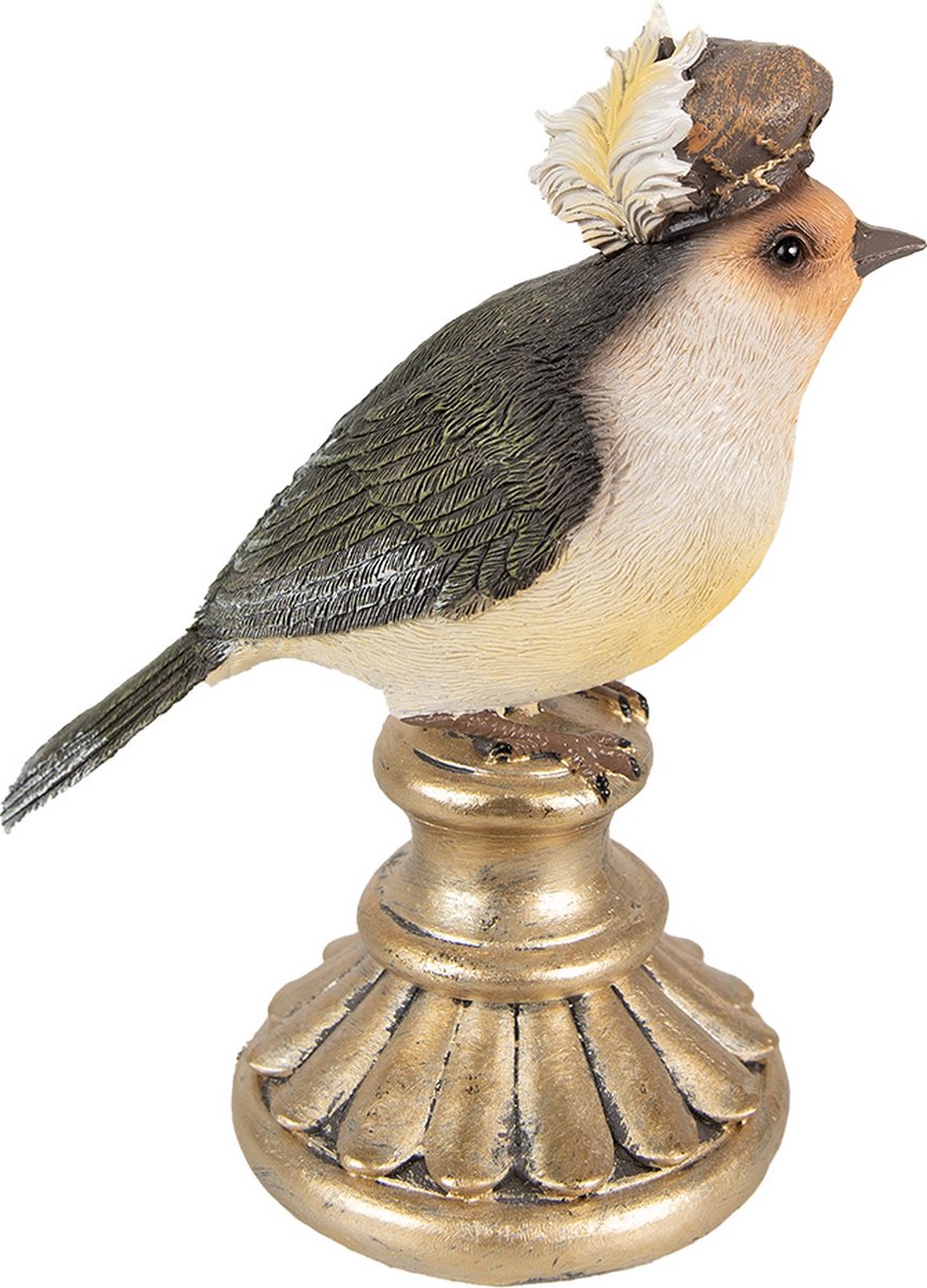 Vogelbeeldje met barok hoed – Clayre & Eef – 8x13x17 cm – decoratief polyresin beeldje