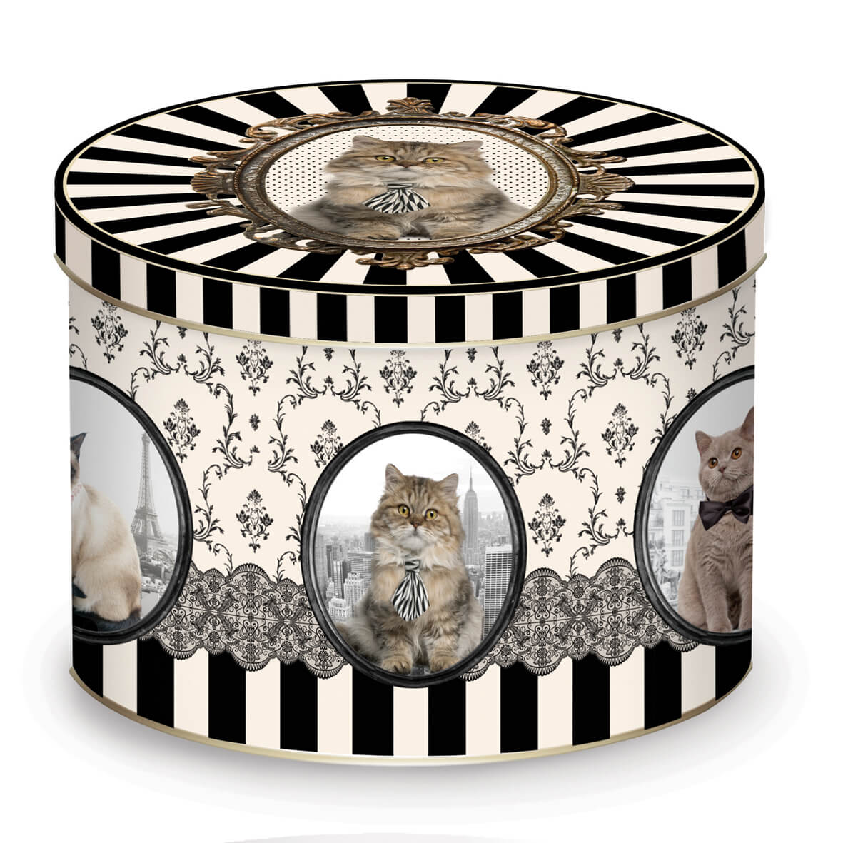Porseleinen mok met katten en barokdecor in tinnen opbergblik van Easy Life
