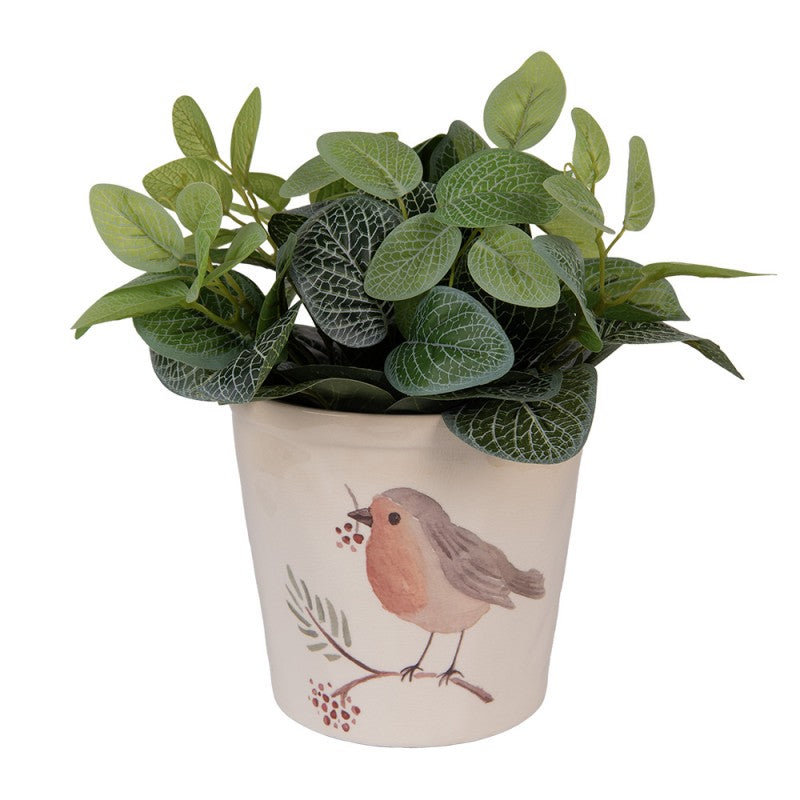 Beige keramieken bloempot met roodborst illustratie – Clayre & Eef – exclusief plantje
