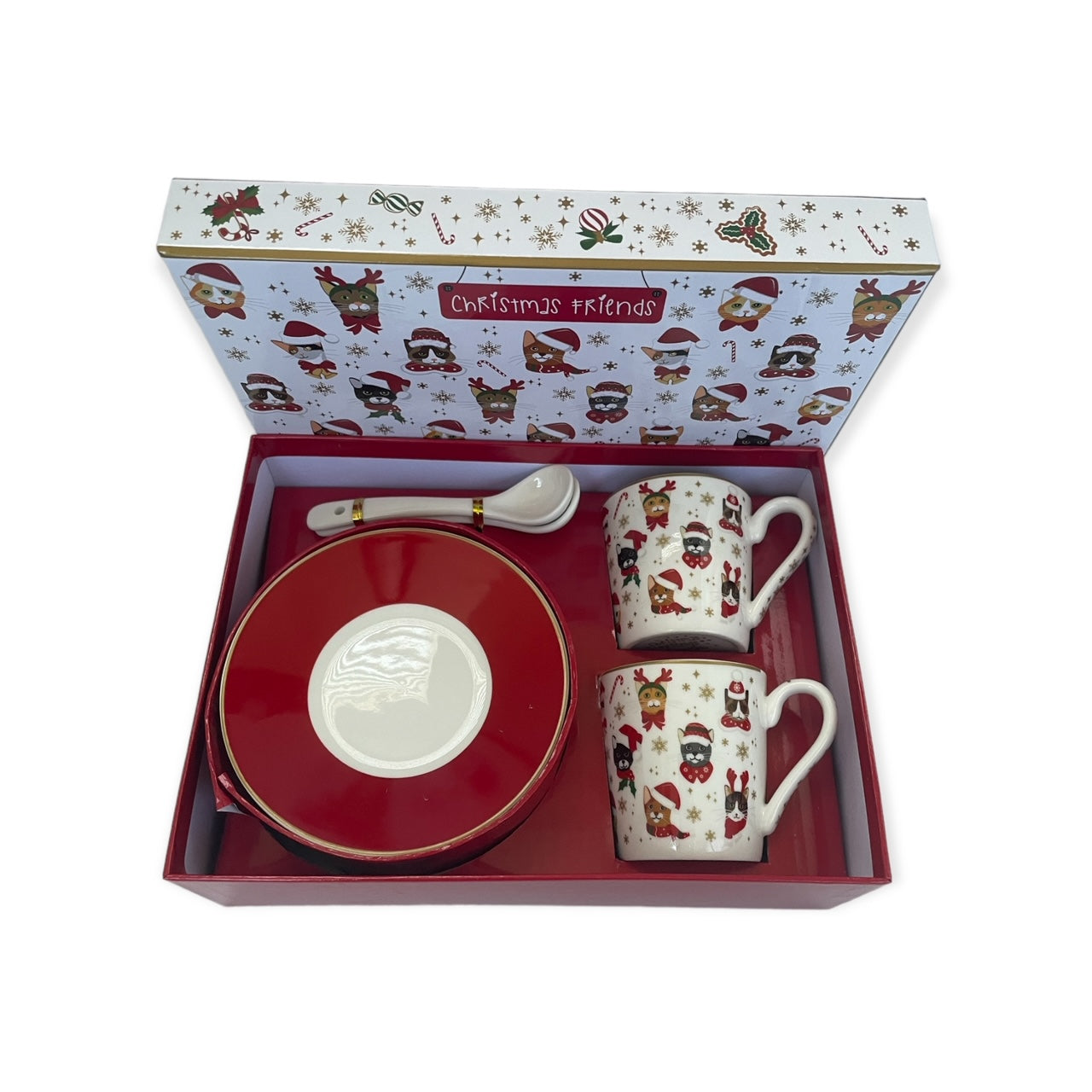 Espressoset Easy Life – 2 kerst-espresso kopjes met kattenprint, schoteltjes en lepeltjes