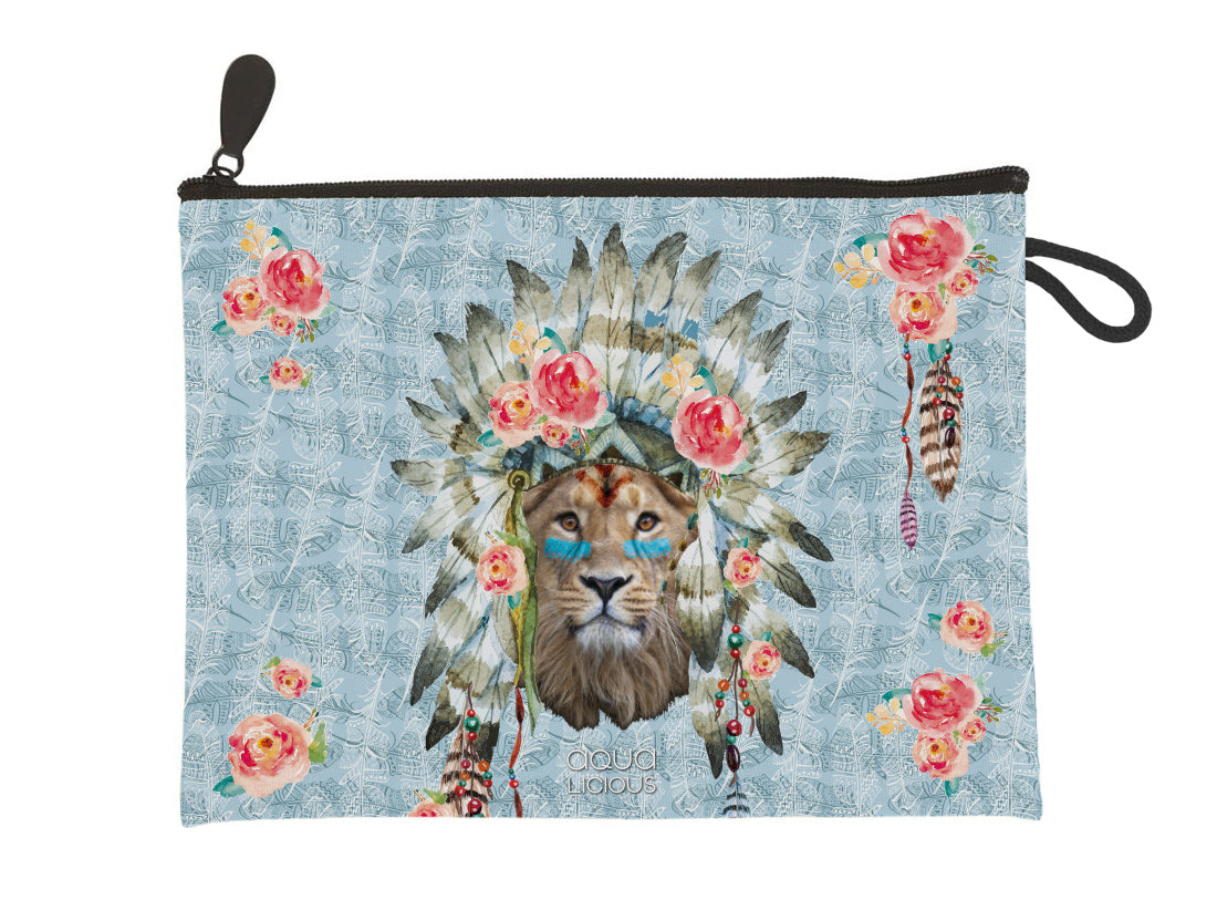 Canvas clutch of etui met leeuwenprint en bladeren – 23x17 cm