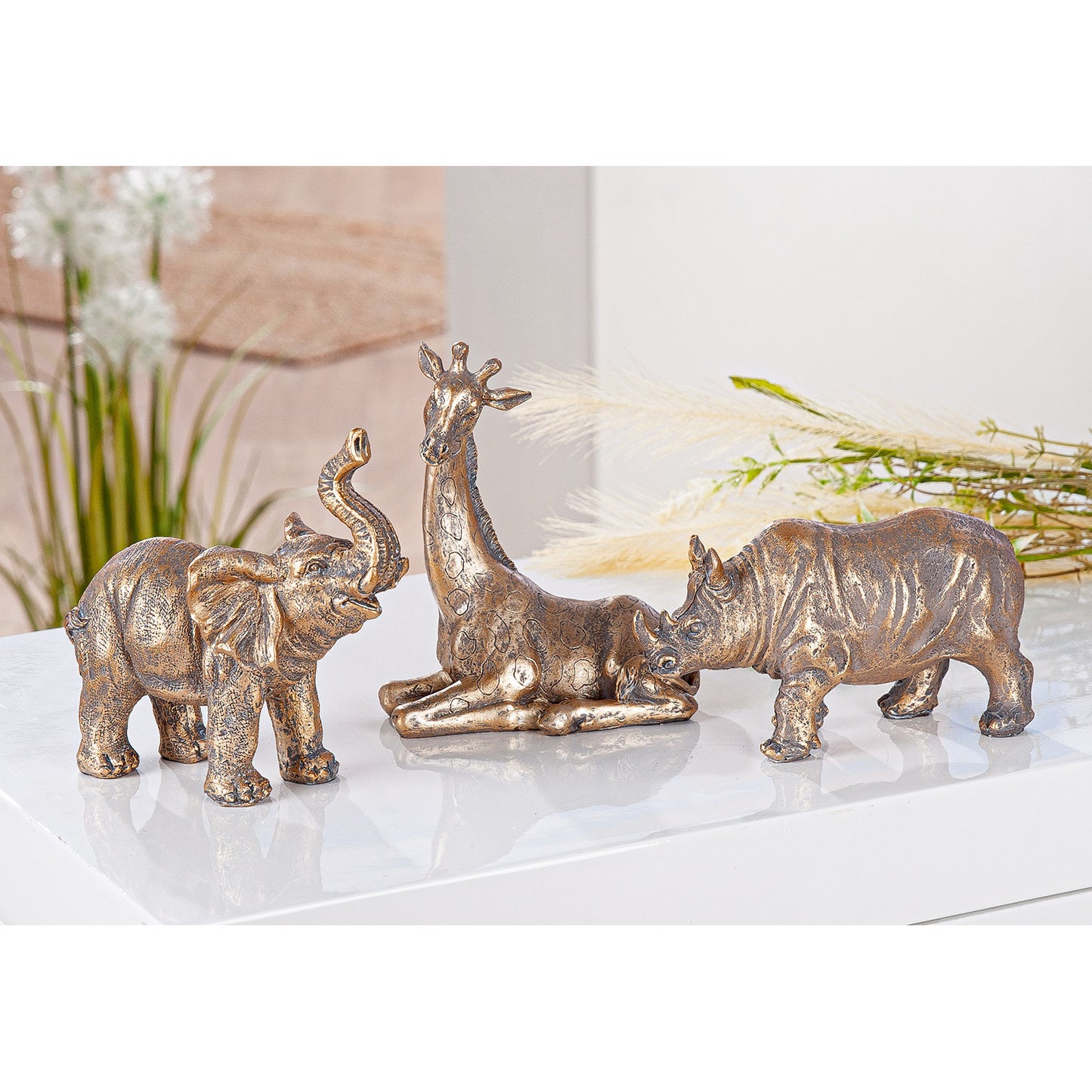 Set bronzen dierenbeelden olifant giraffe neushoorn – kunsthars