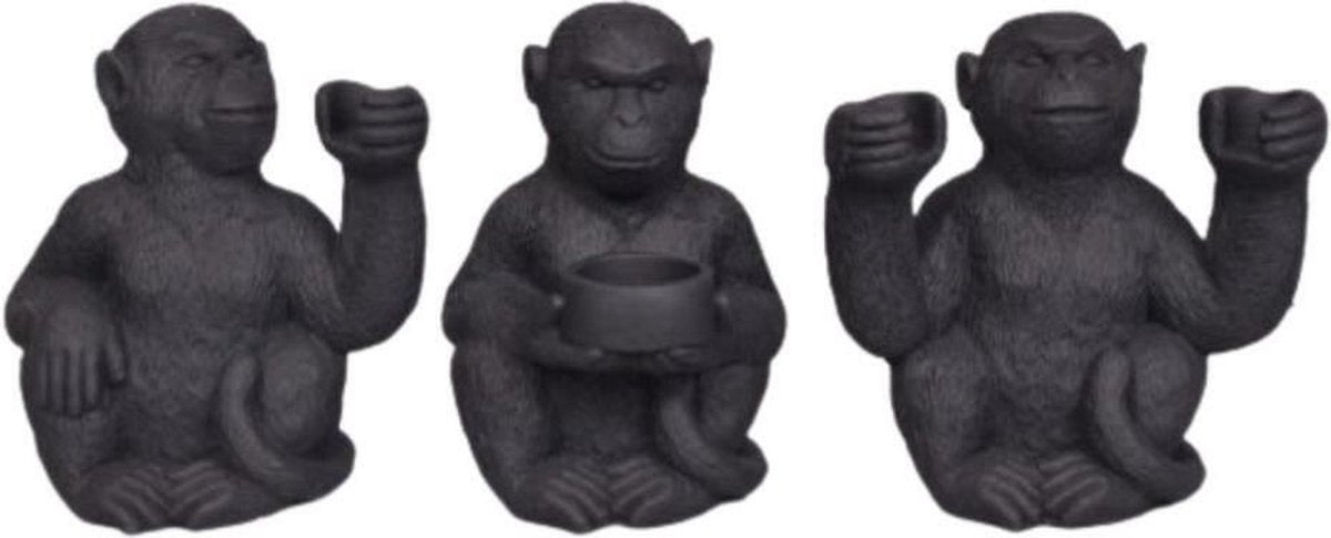 Set van 3 betonnen apenbeelden horen zien zwijgen zwart decoratie