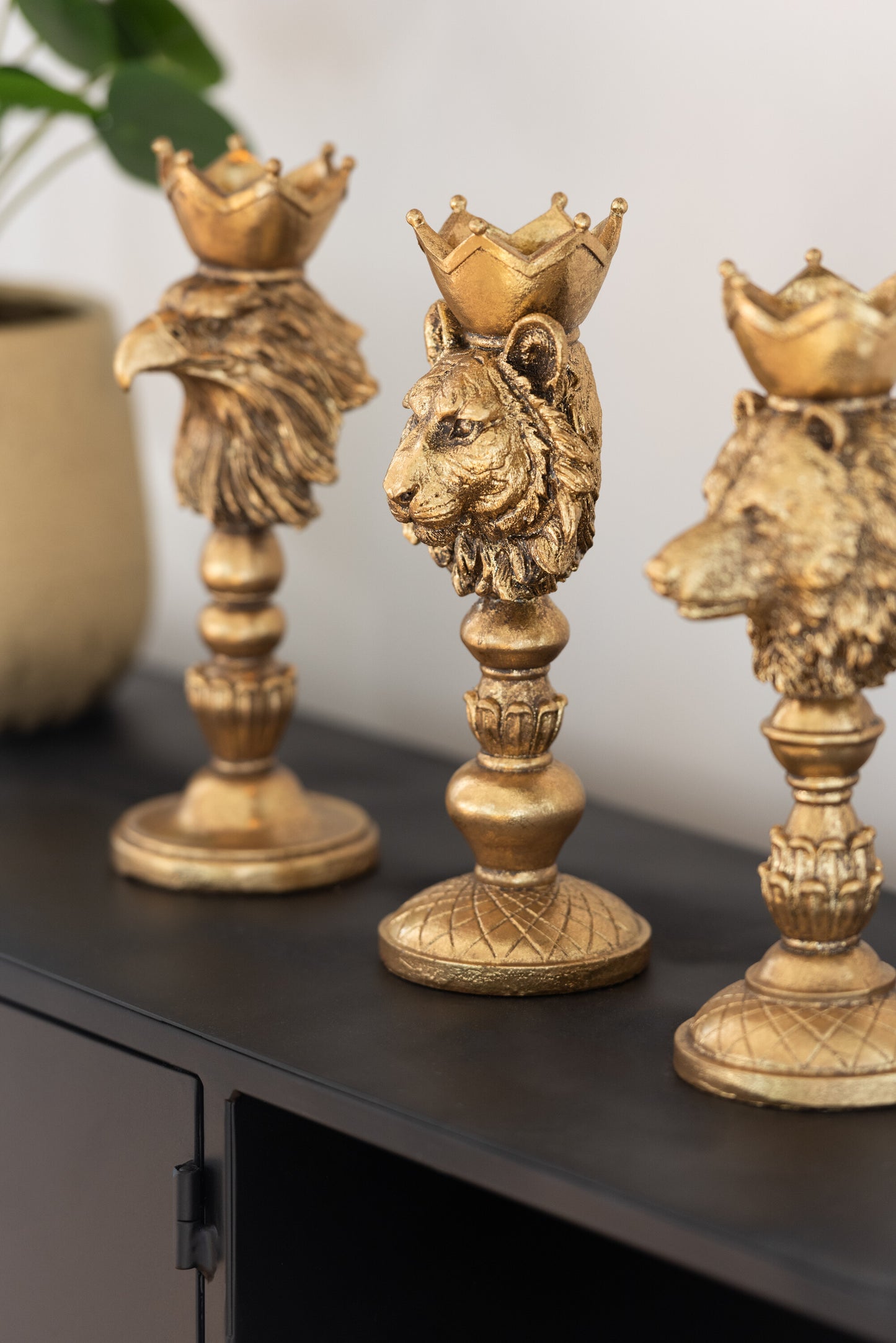 Gouden kandelaar met dierenhoofd – beer, adelaar of tijger – 23 cm
