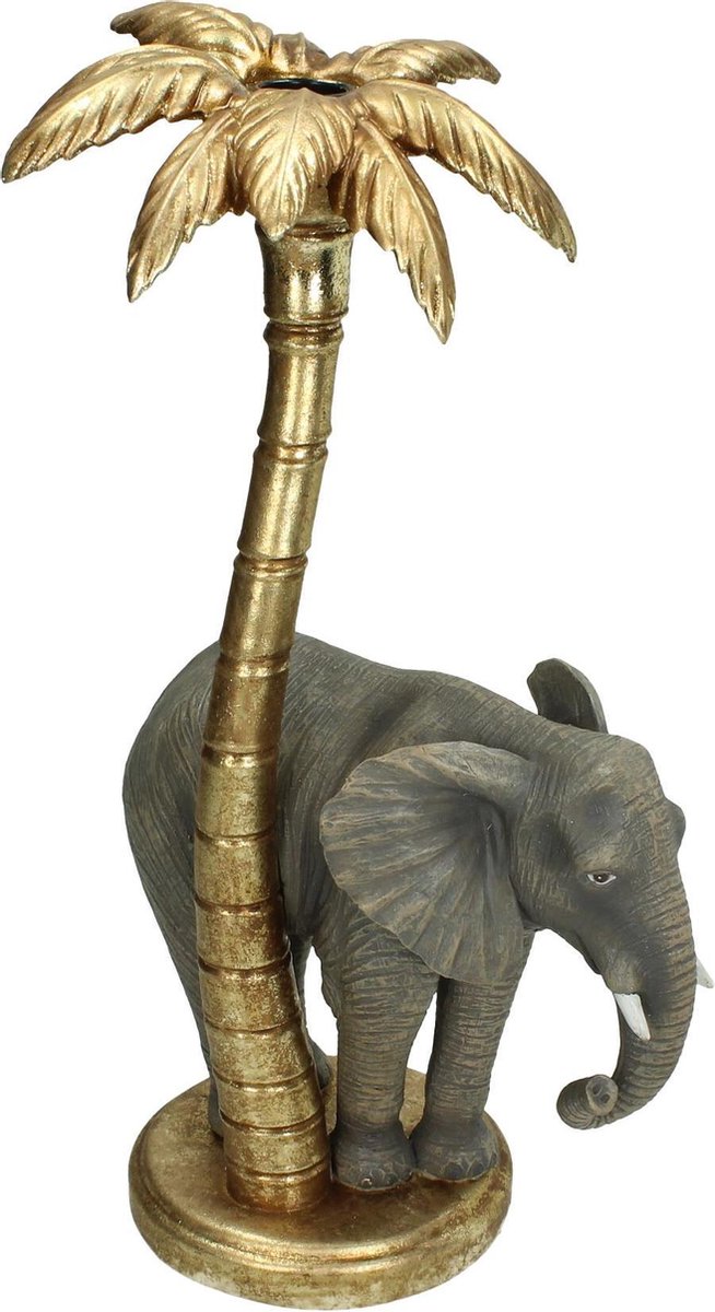 Elephant Candlestick Under Golden Palm Tree – 37 cm
