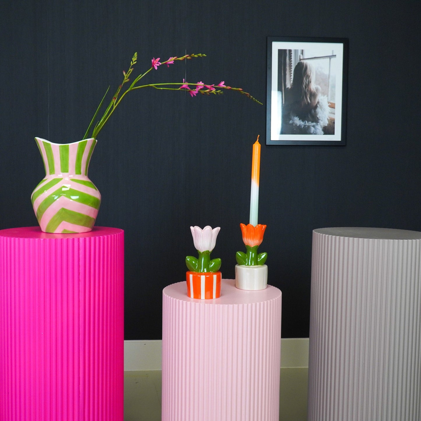 Tulpenkerzenhalter im gestreiften Topf – Keramik | in 3 Farben