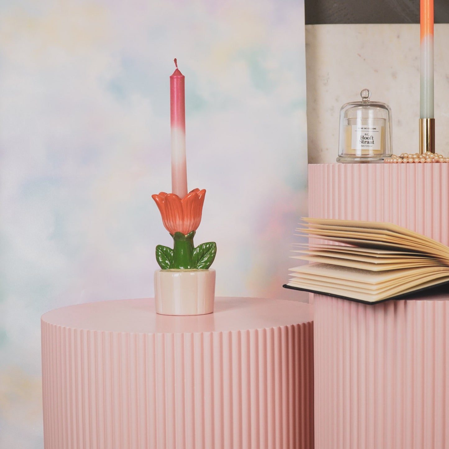 Tulpenkerzenhalter im gestreiften Topf – Keramik | in 3 Farben