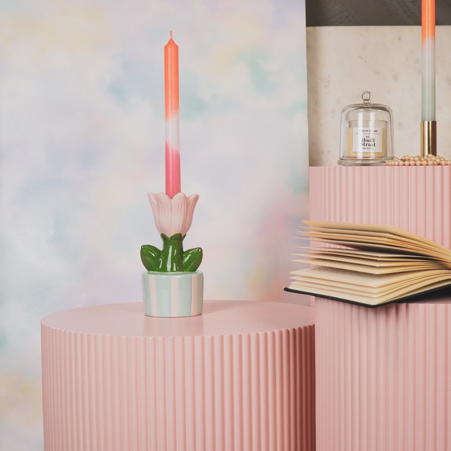 Tulpenkerzenhalter im gestreiften Topf – Keramik | in 3 Farben