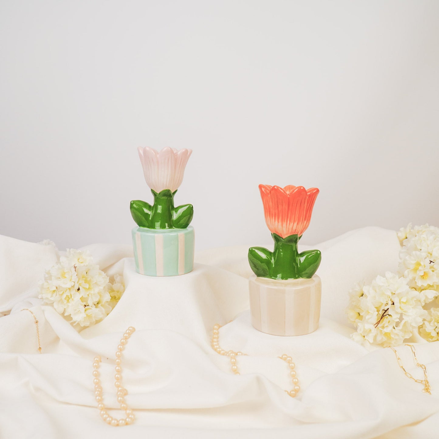 Keramieken kaarsenhouder tulp in gestreept potje – Housevitamin