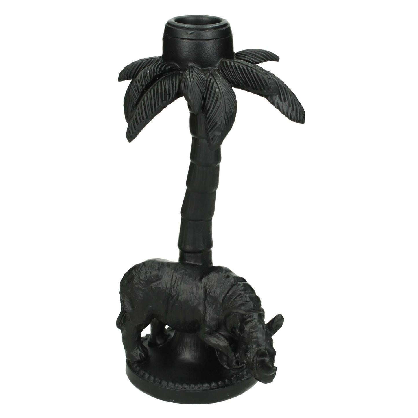 Zwarte neushoorn kandelaar met palmboom – luxe dieren decoratie