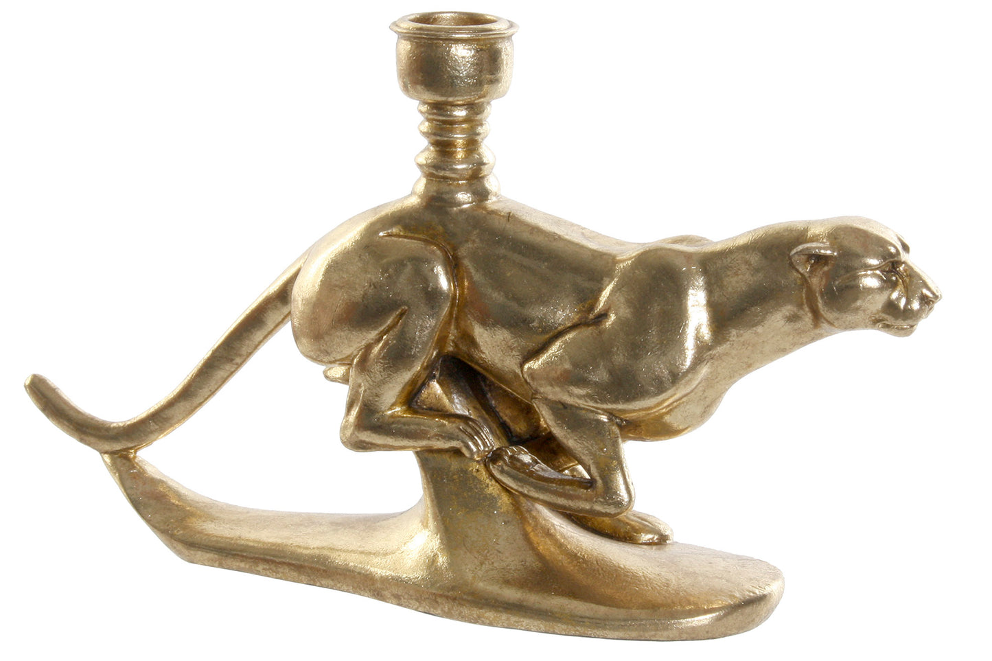 Gouden kandelaar in vorm van rennende luipaard – luxe woondecoratie