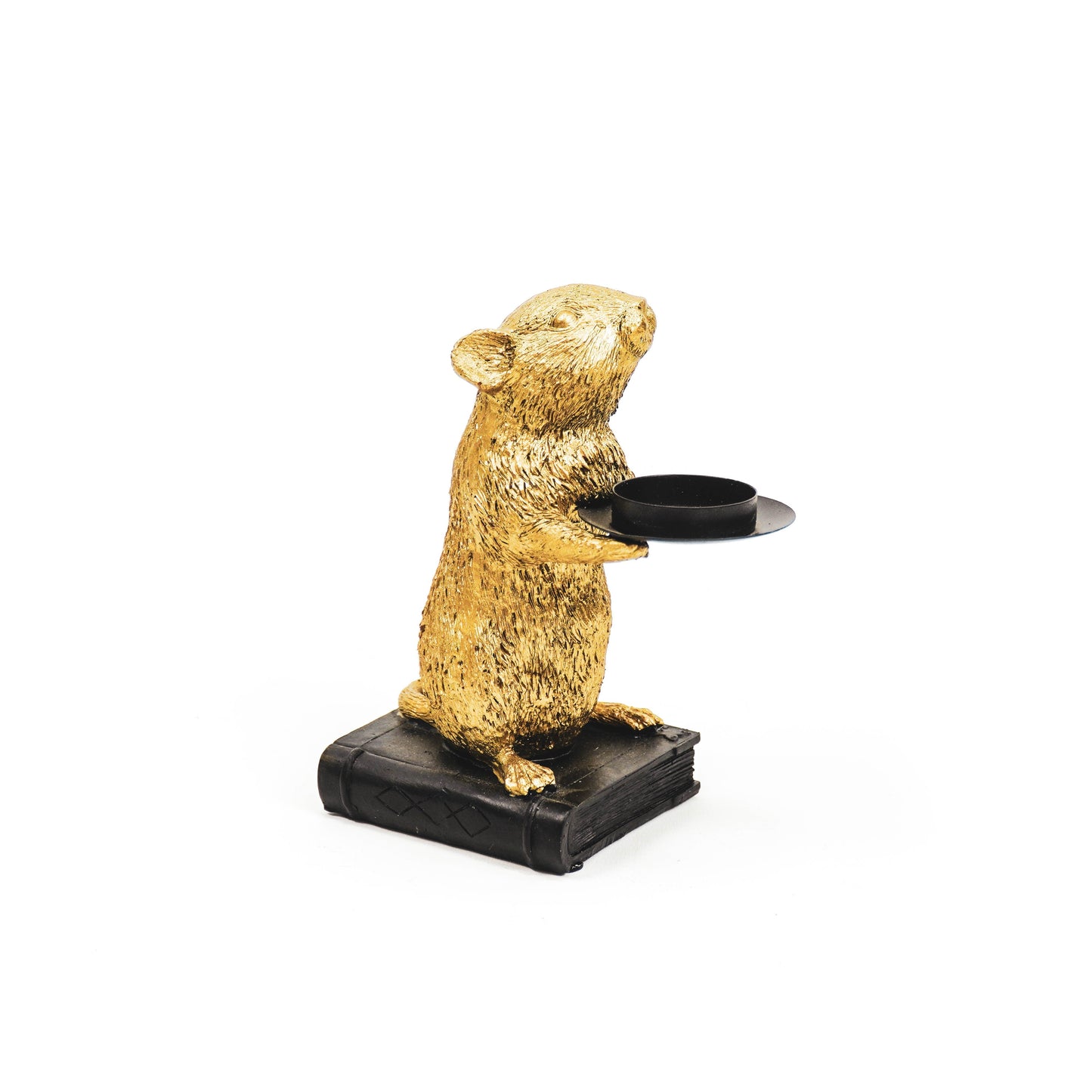 Muis Theelichthouder op Boek – Zwart & Goud