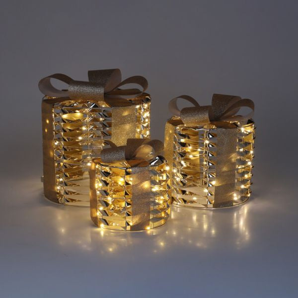Set van 3 gouden LED kerstcadeaus – sfeervolle kerstdecoratie