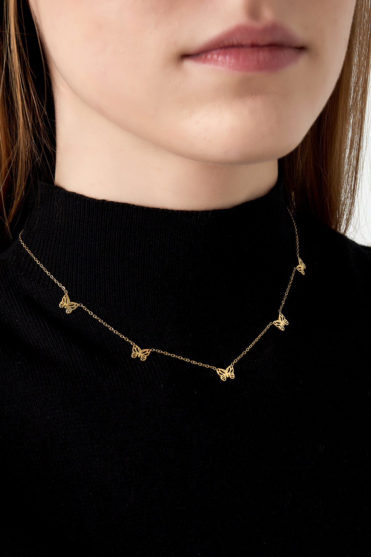 Goudkleurige stainless steel ketting met 5 vlinders – 37+5 cm