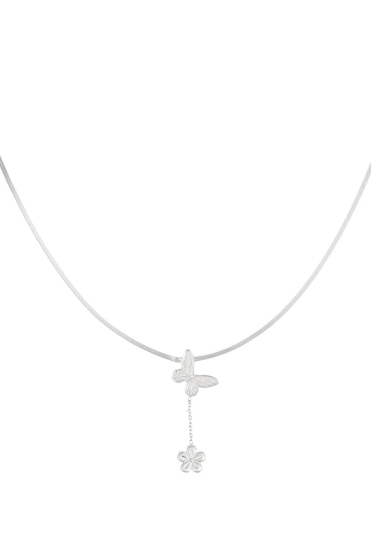 Zilveren stainless steel ketting met vlinder en bloem – 39+5 cm