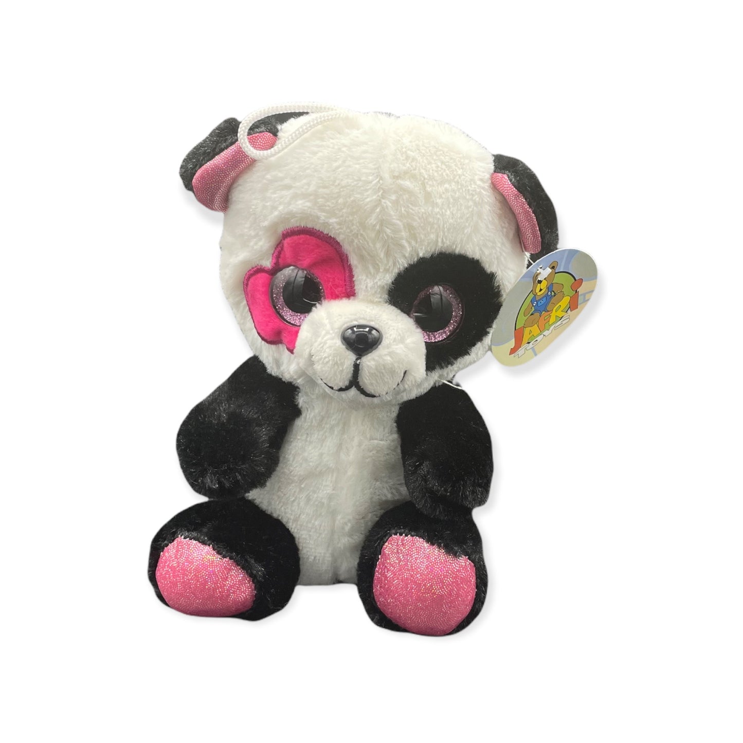 Zwarte en witte panda knuffel met roze voetjes en oortjes