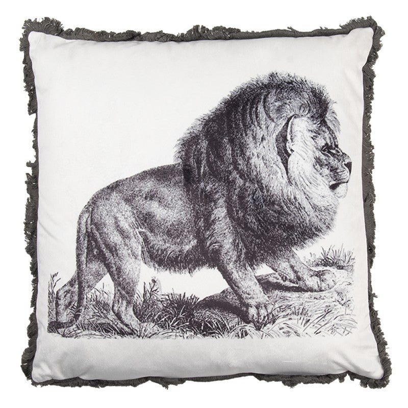 Leeuwenkussen zwart wit grijs 45x45 cm Clayre & Eef – sierkussen met dierenprint