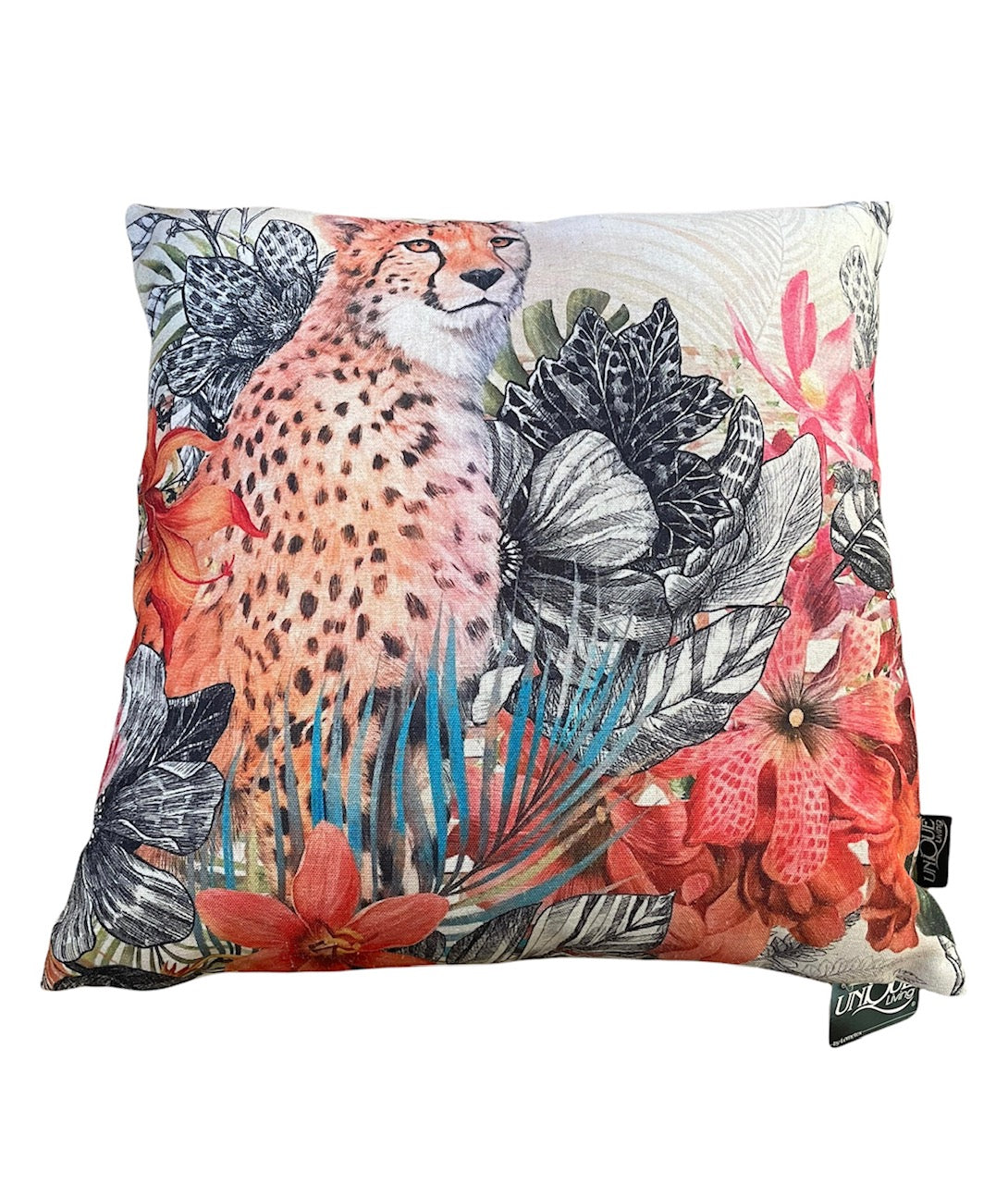 Lucky kussen met luipaard en botanische print – multicolor 45x45 cm