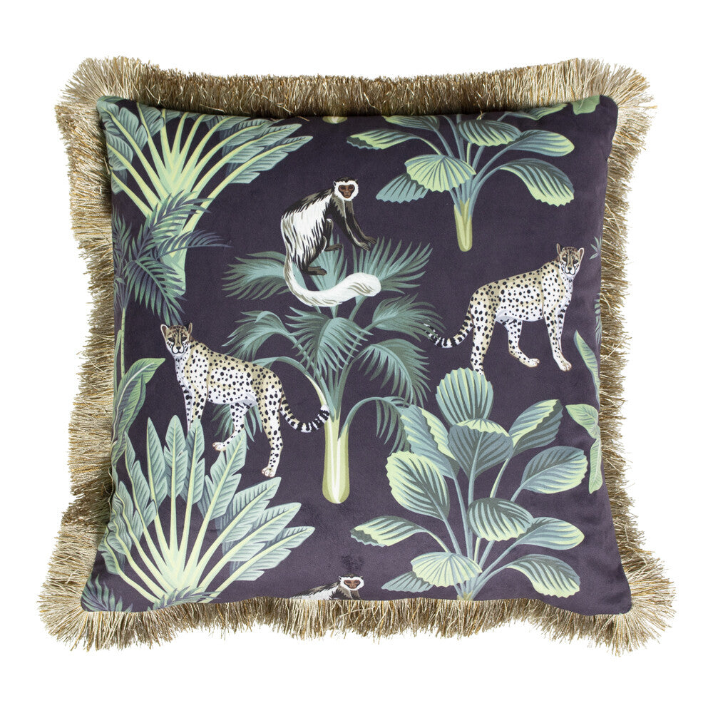 Fluwelen jungle panter kussen met gouden franjes – 45x45 cm