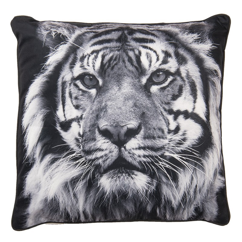 Velvet sierkussen met tijgerkop in zwart, wit en grijs – 45x45 cm