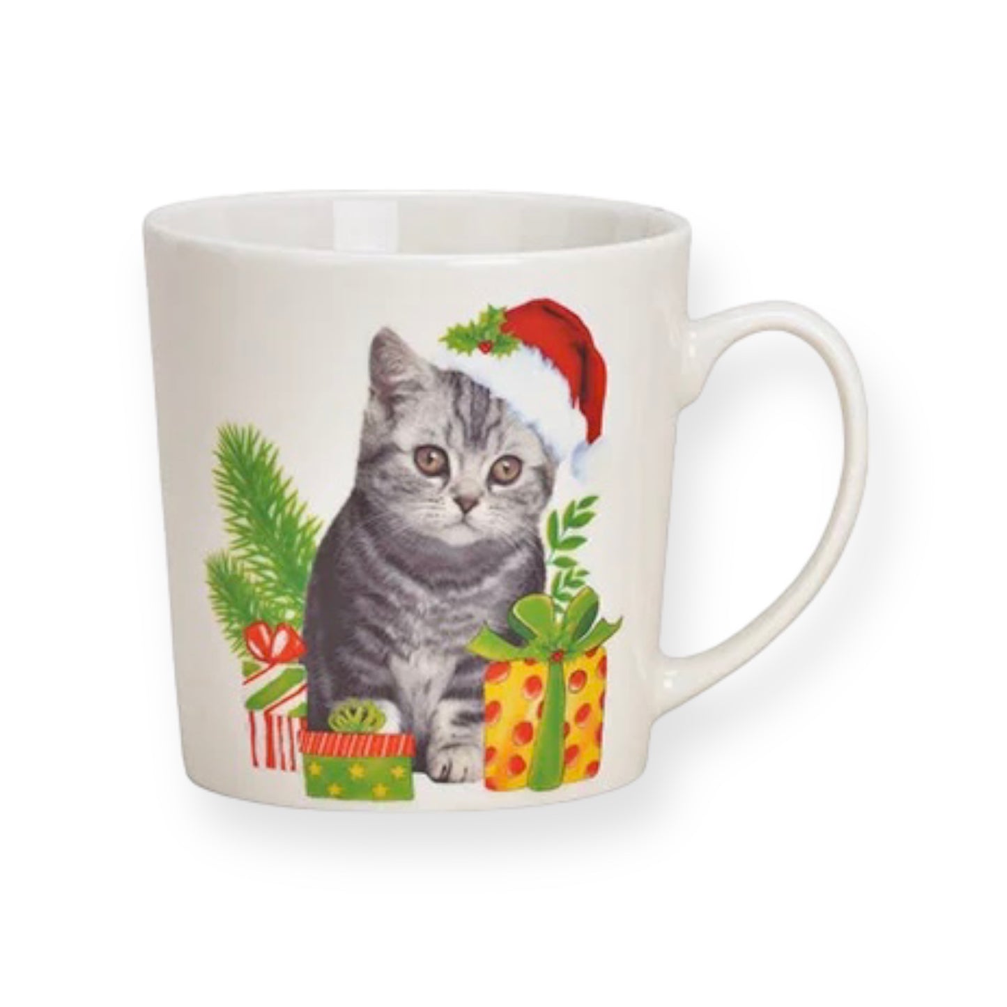 Kerstmok met kat en kerstmuts – porseleinen mok 480 ml, formaat 10,2x13,4x8,5 cm