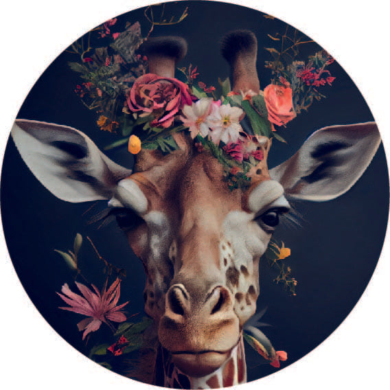 Muurcirkel Forex – giraffe met bloemenkrans – 20 cm & 30 cm diameter