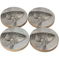 Holzuntersetzer mit Fischdruck – 4er-Set