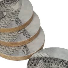 Holzuntersetzer mit Fischdruck – 4er-Set