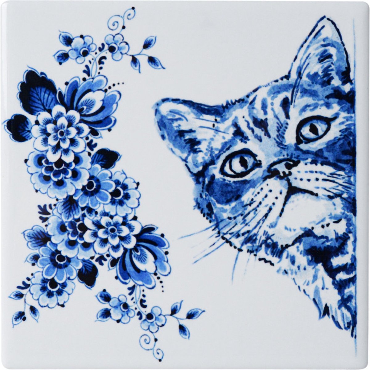 Onderzetters Luie Kat – Set van 4 Delfts Blauw | Heinen