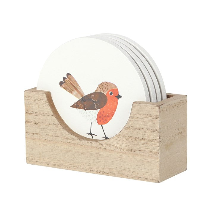 Houten Onderzetters met Roodborstje – Set van 4 met Houder