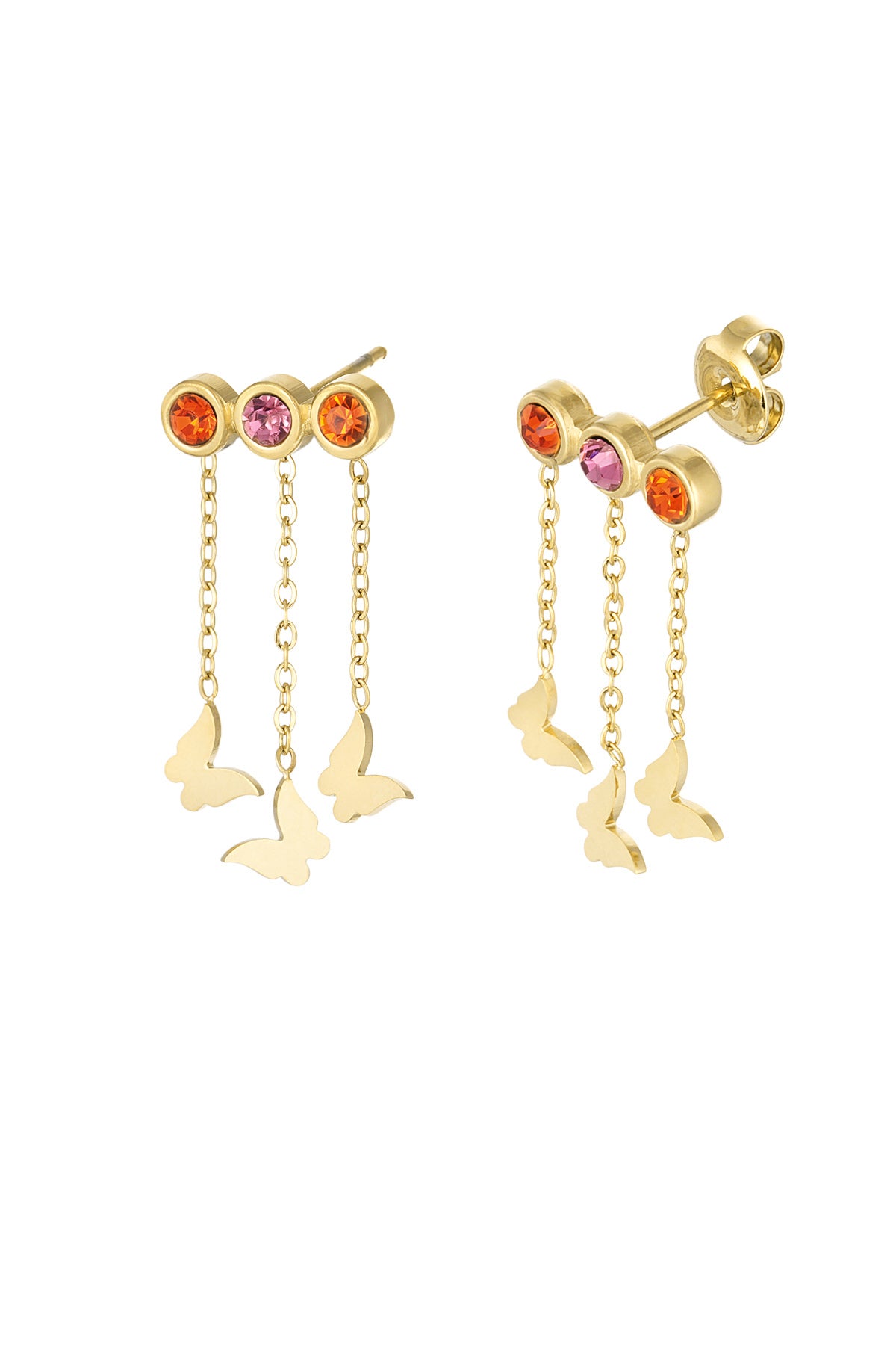 Gouden stainless steel oorbellen met vlinders en gekleurde steentjes