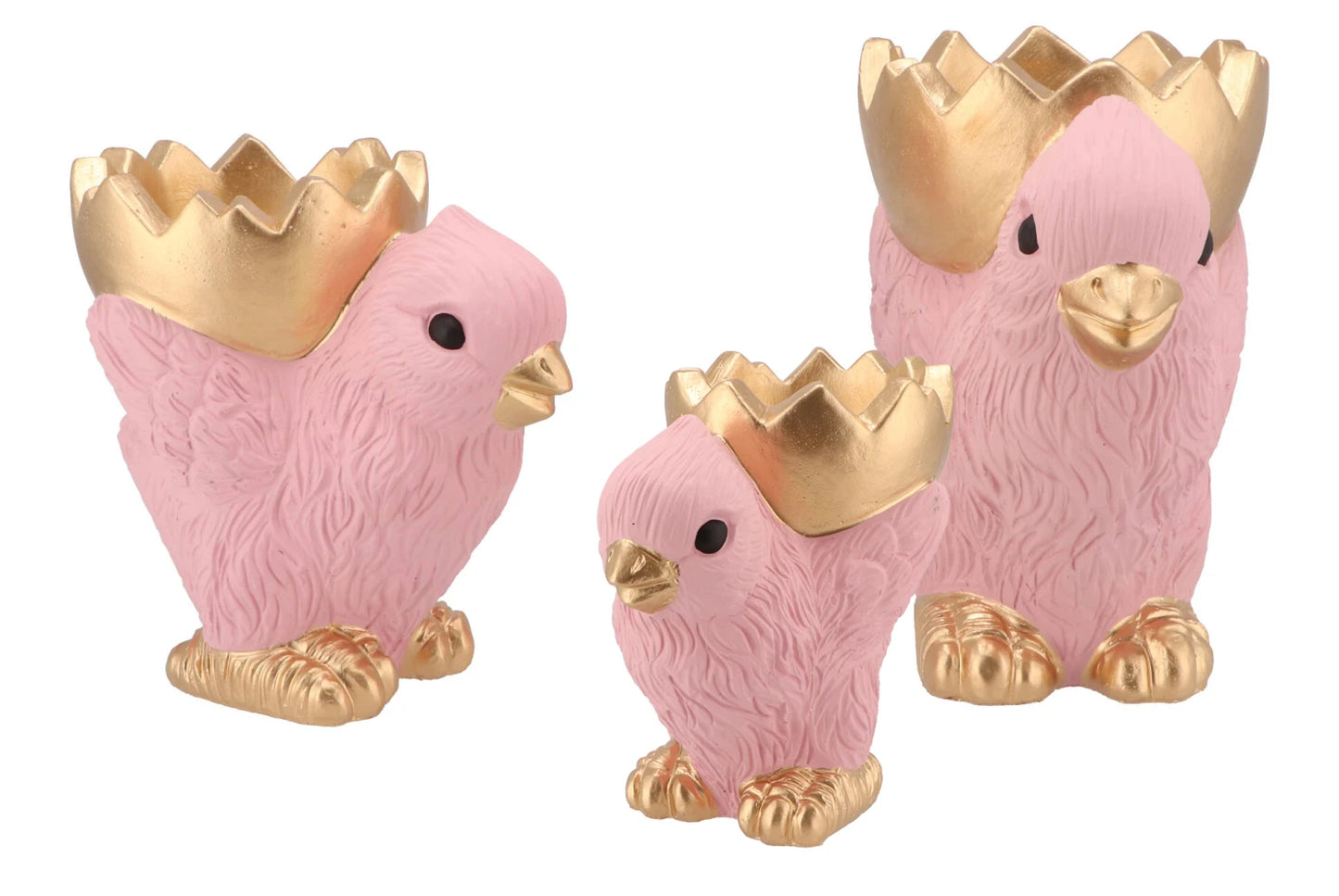 Roze paaskuiken beeld met gouden schaaltje – keramiek – 3 formaten – paasdecoratie