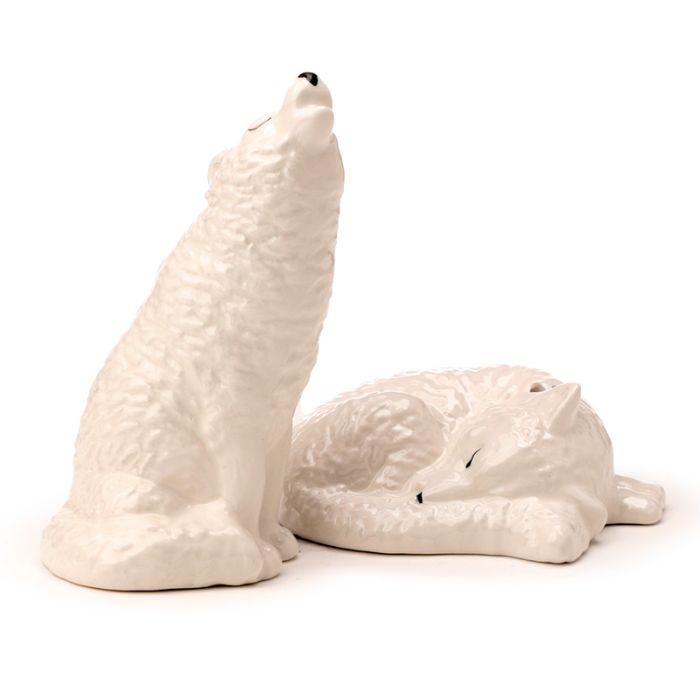 Keramieken peper- en zoutstel in de vorm van witte wolven