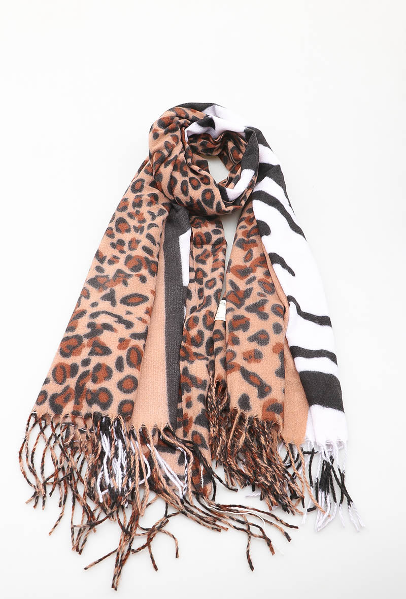 Grote zachte wintersjaal met luipaard- en zebraprint – in camel, beige of grijs – Krokomingo