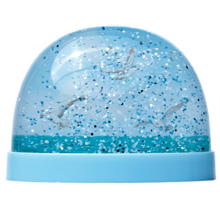 Kinder sneeuwbol met vliegende zeemeeuwen en turquoise voet – met glitters