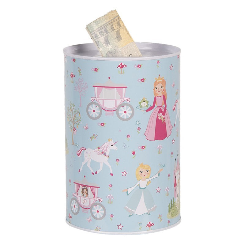 Blauwe prinsessenspaarpot met eenhoorns, kastelen en koets – kinderdecoratie