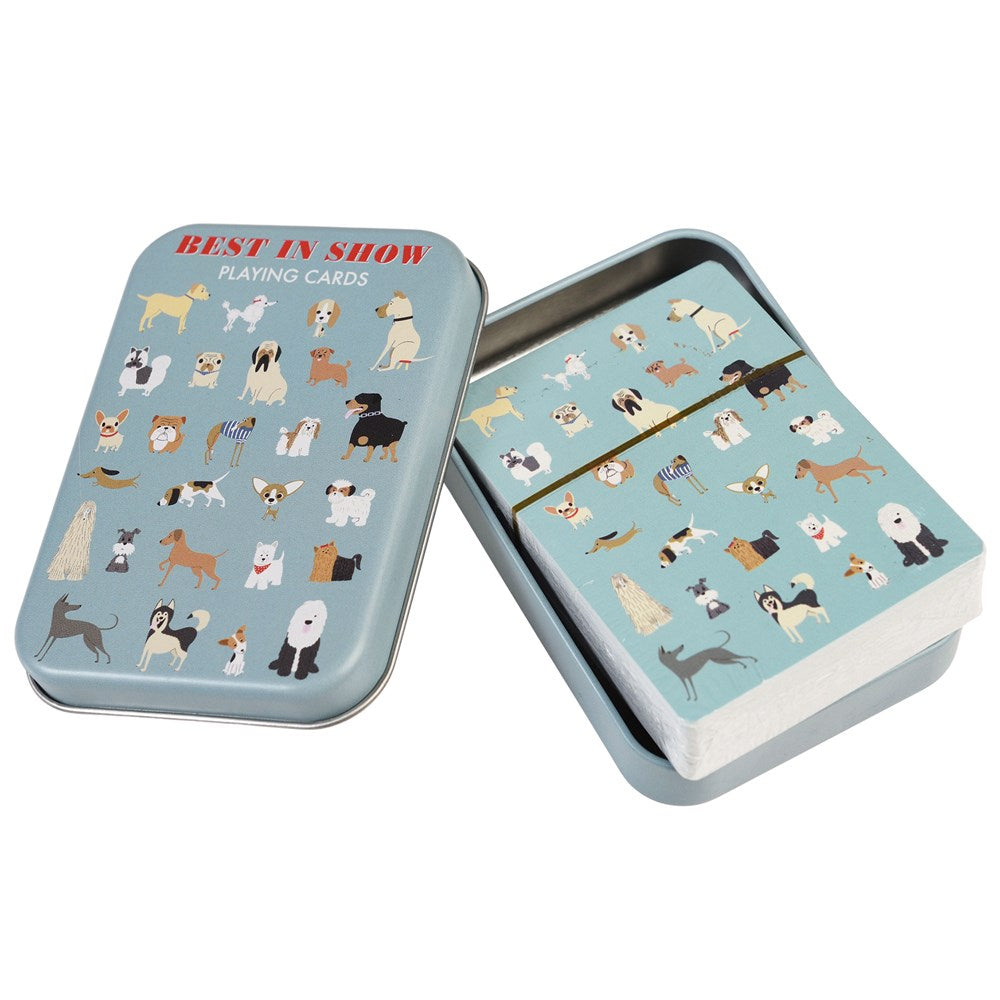 Speelkaarten met hondenprint ‘Best in Show’ in turquoise tinblik – Rex London (10,3x7,5x2 cm)