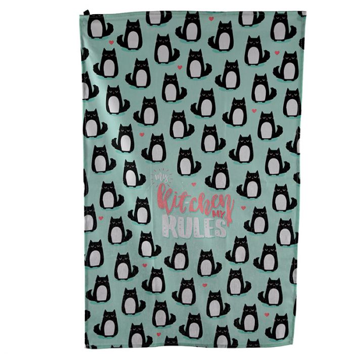 Tea towel "My Kitchen My Rules" – Cats, Mint Green 45x69.5 cm