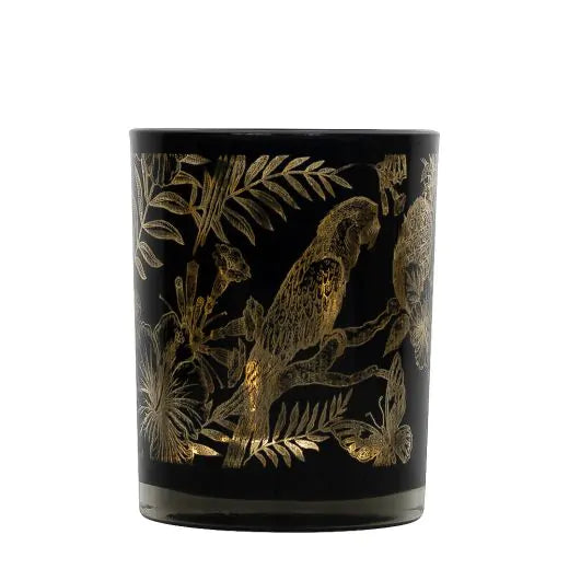 Teelichthalter-Set – Schwarz-Gold-Papageien – Glas